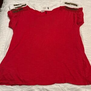 Anthropologie Akemi + Kin Lot of 2 Red & White Tops with Embellished Shoulders